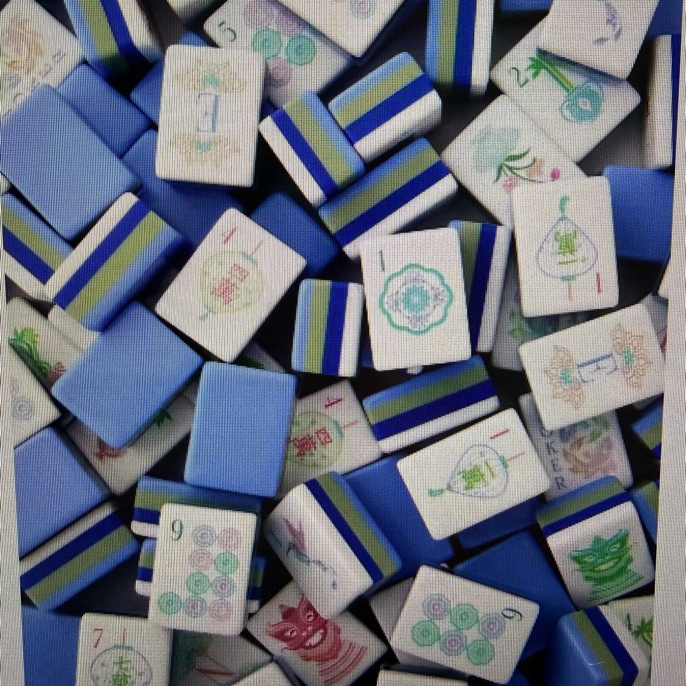 Blue and White Mahjong Tiles Set - Striped Back Design
